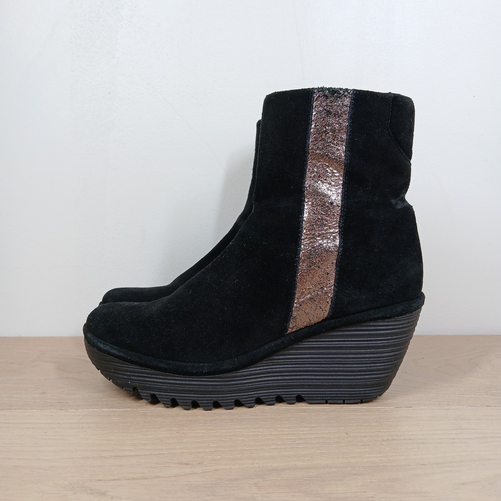 Fly London Boots Womens 7 Black Metallic Stripe Suede Wedge Ankle Zip Up